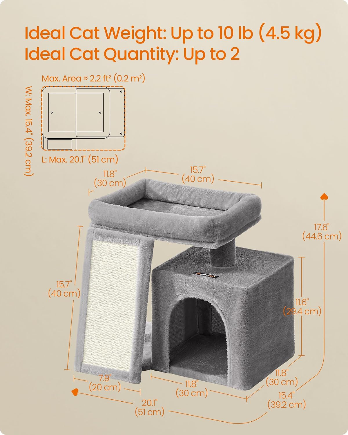 Small Cat Tree, Cat Tower Condo for Kittens, Scratching Ramp, Top Perch, Cave, 50.2 X 30 X 44.6 Cm, Dove Grey PCT010GD01