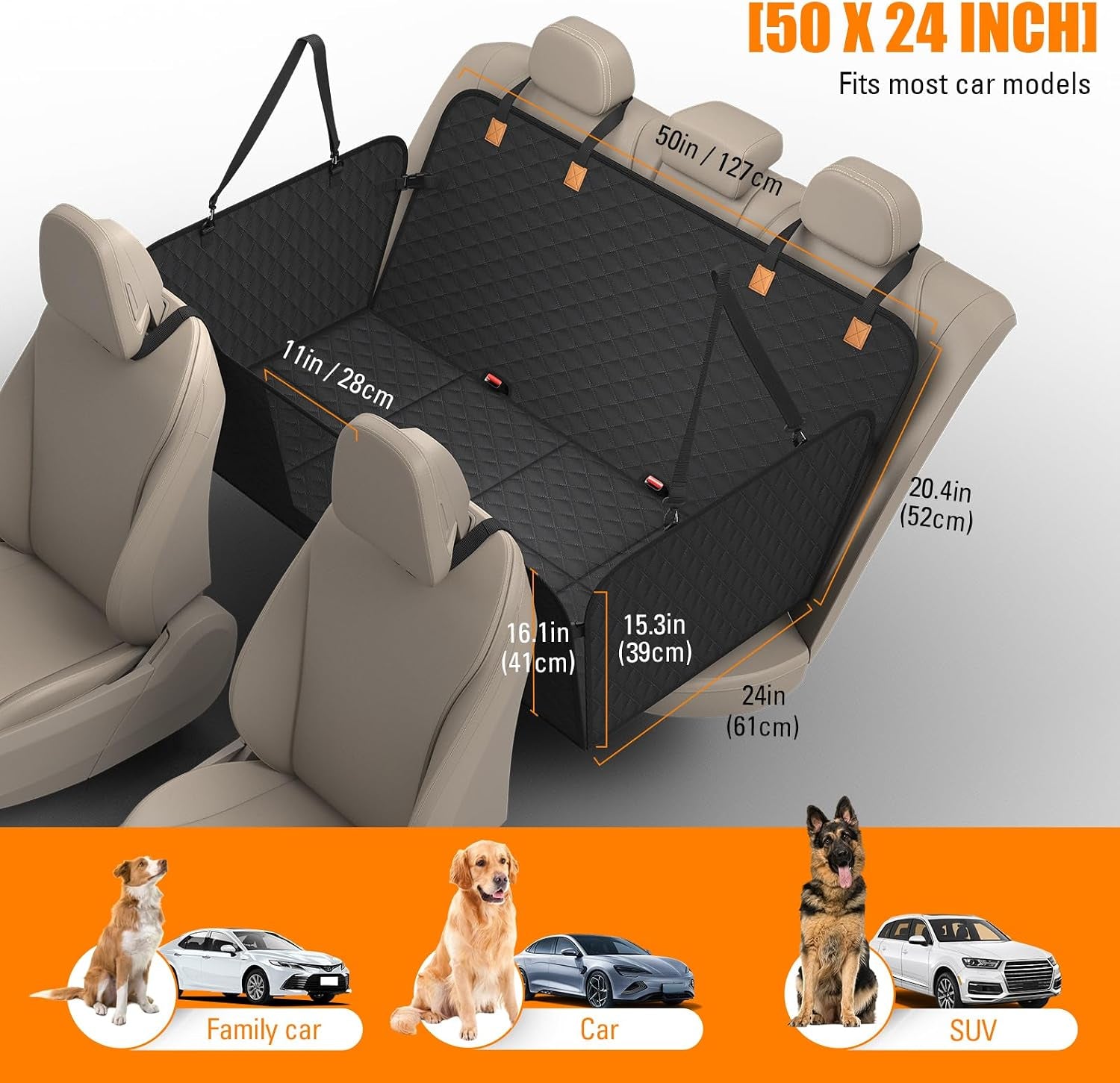 Back Seat Extender for Dogs - Dog Car Seat Cover [127 X 62 Cm], Waterproof & Foldable, Scratch-Resistant with Hard Shell, Dog Back Seat Cover for Suvs and Family Cars, Removable (Black)