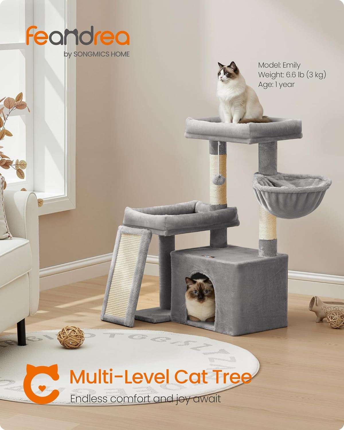Cat Tree Tower Condo with 2 Beds, Scratching Posts and Ramp, for Small and Medium Cats, Dove Grey PCT013GD01