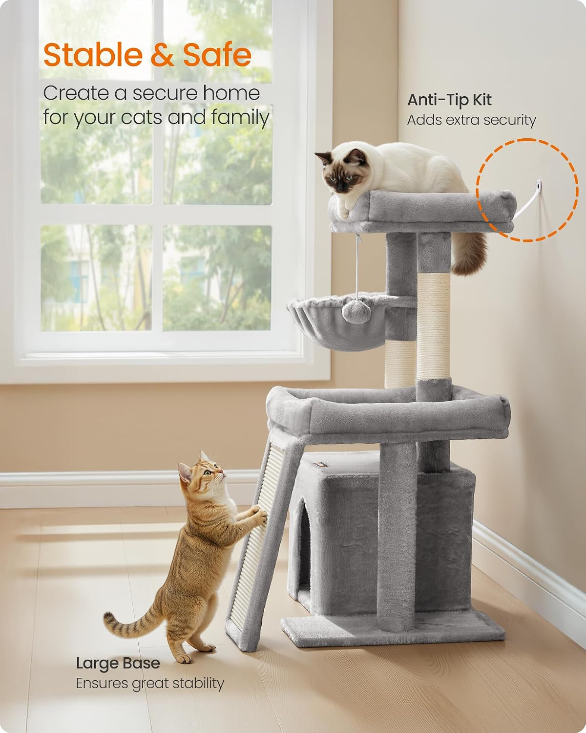 Cat Tree Tower Condo with 2 Beds, Scratching Posts and Ramp, for Small and Medium Cats, Dove Grey PCT013GD01