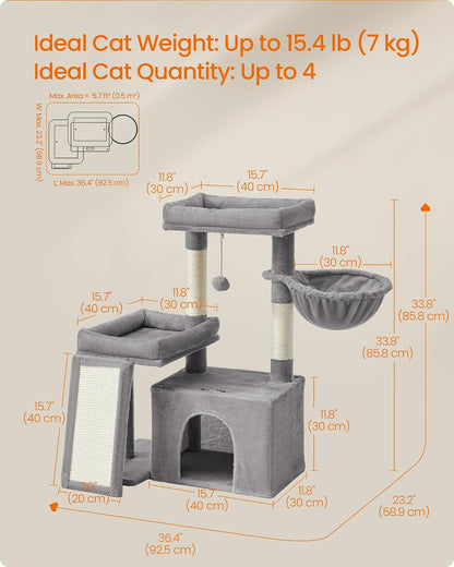 Cat Tree Tower Condo with 2 Beds, Scratching Posts and Ramp, for Small and Medium Cats, Dove Grey PCT013GD01