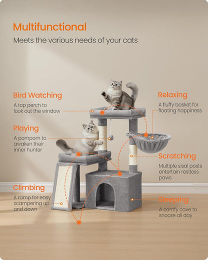 Cat Tree Tower Condo with 2 Beds, Scratching Posts and Ramp, for Small and Medium Cats, Dove Grey PCT013GD01